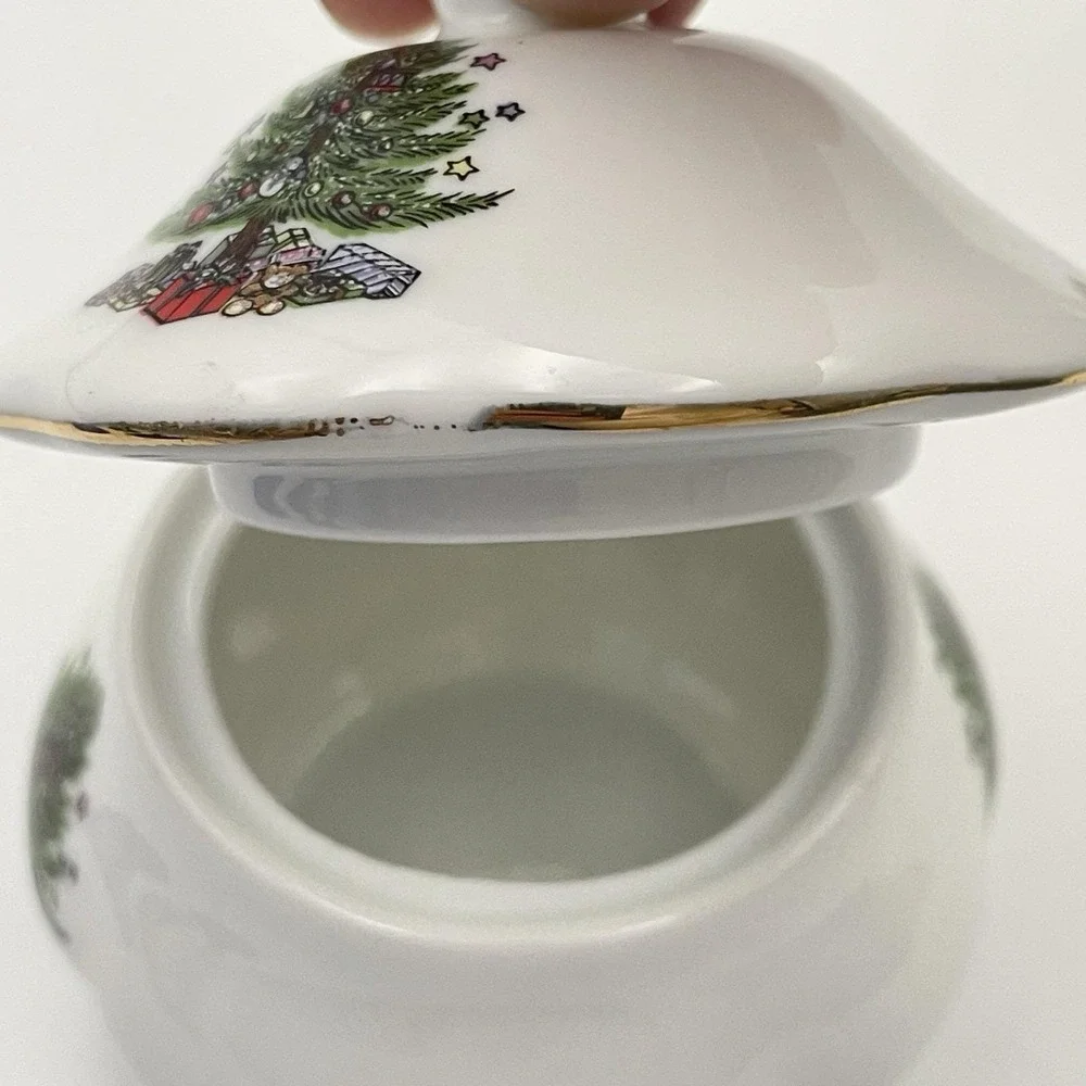 Vintage 1980s‎ Christmas Tree Creamer & Sugar Set Taiwan Porcelain Gold Trim